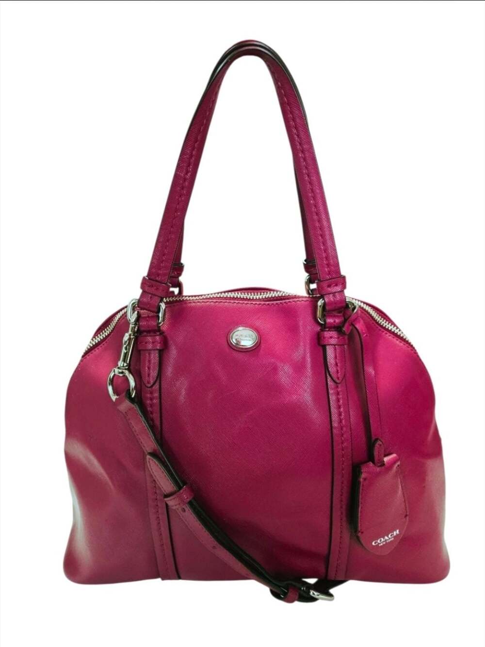 Coach Bag Peyton Cora Domed Satchel in Fuchsia Saffiano Pink Leather Purse